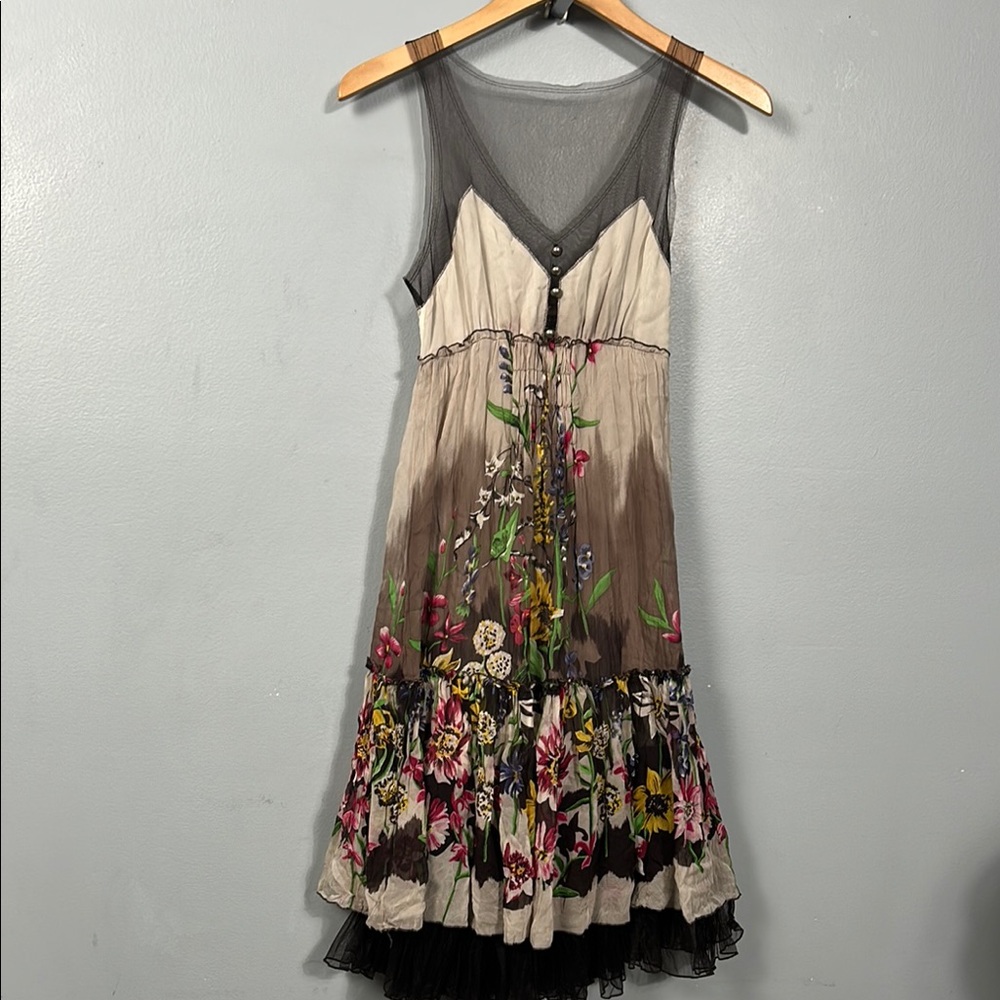 BCBGMaxazria Silk Tulle Dress Womens S Small Brown Floral Chiffon Sheer Trim XS